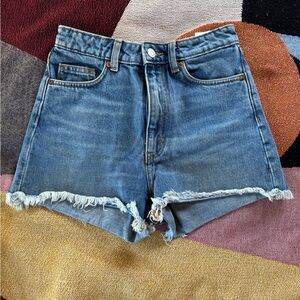 Monki Blue Jean Shorts with Distressed Hem